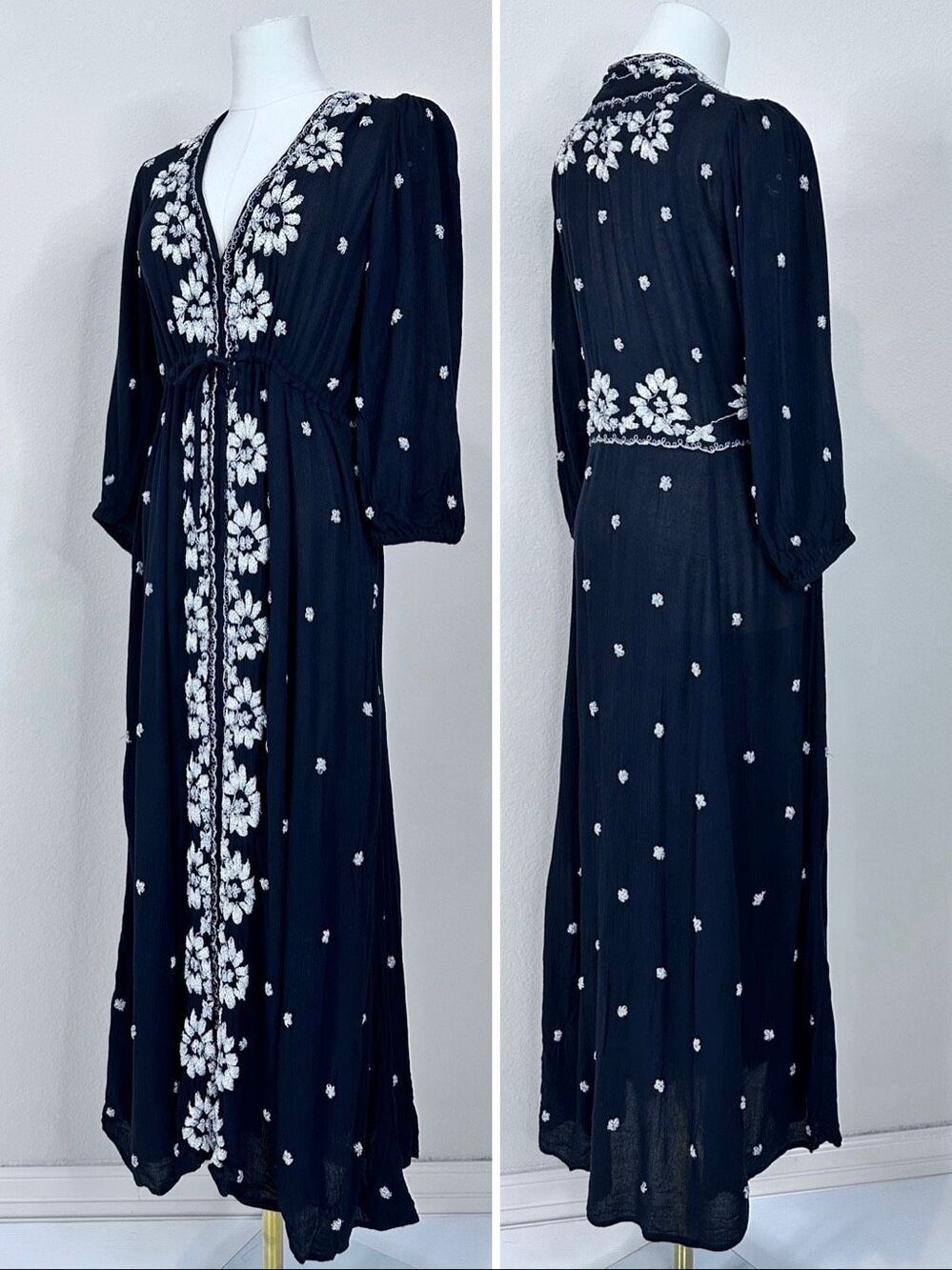 Free People Embroidered Fable Maxi Dress M Black White Floral Boho V Neck - Picture 7 of 16